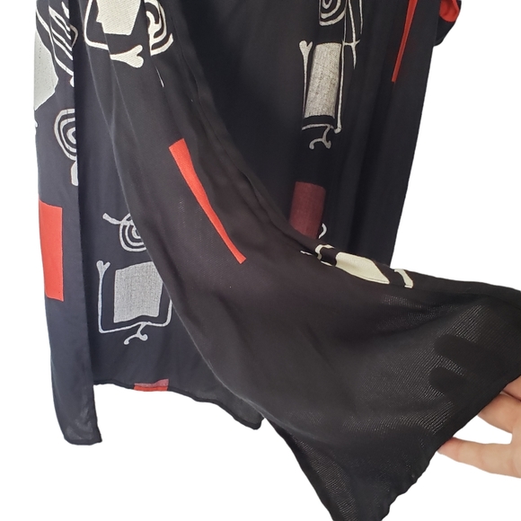 Cardigan Open Front Long Black Red White Abstract Print Lightweight One Size - Picture 5 of 7